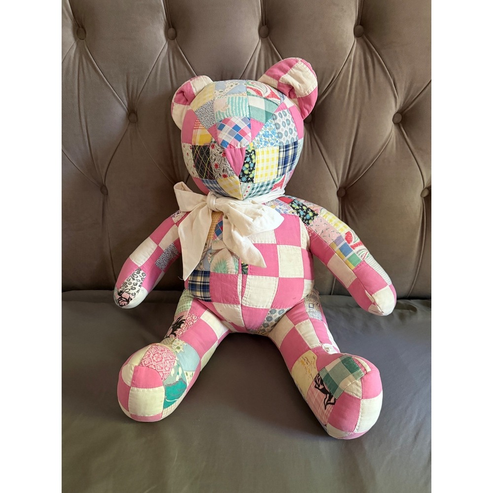 Vintage Handmade Patchwork Teddy Bear Floral Plaid Quilt Folk Art Cottagecore